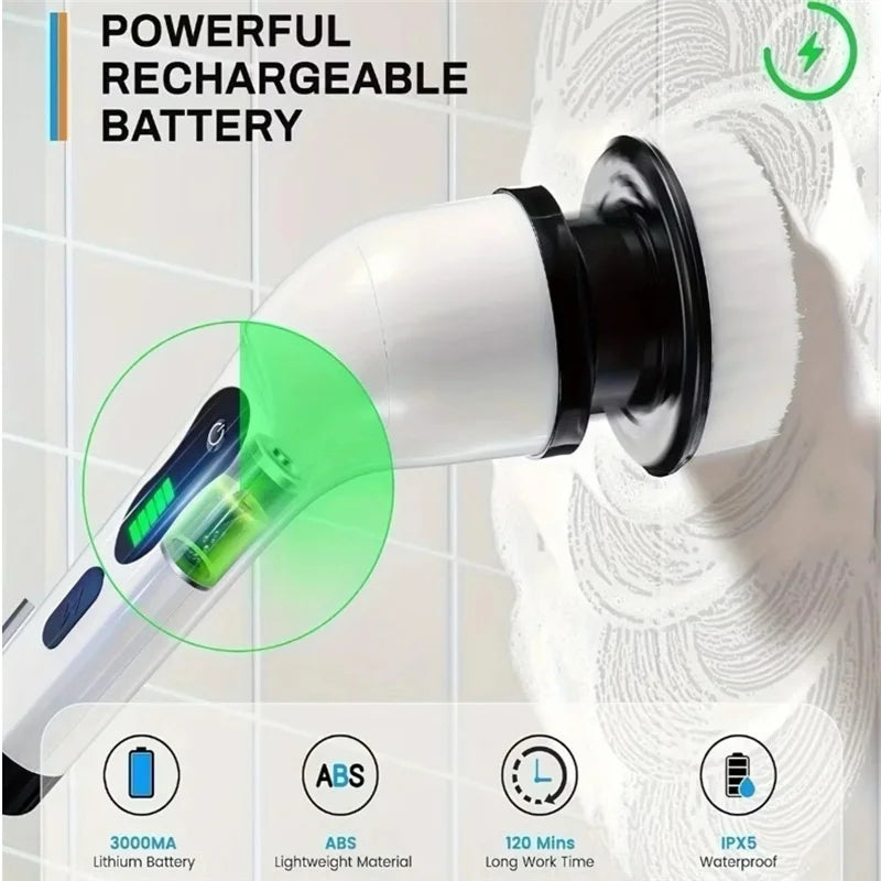 Escova Elétrica 9 em 1 – Limpeza Sem Esforço com Cabo Extensível e Cabeças Intercambiáveis