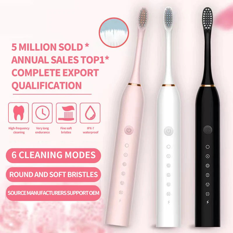 Escova de Dentes Elétrica Sônica Recarregável com 6 Modos e À Prova d’Água!