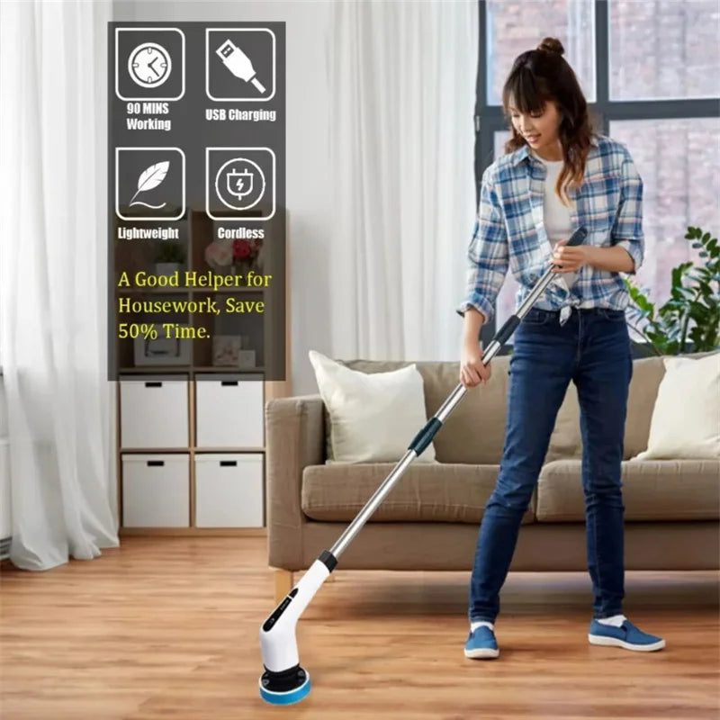 Escova Elétrica 9 em 1 – Limpeza Sem Esforço com Cabo Extensível e Cabeças Intercambiáveis